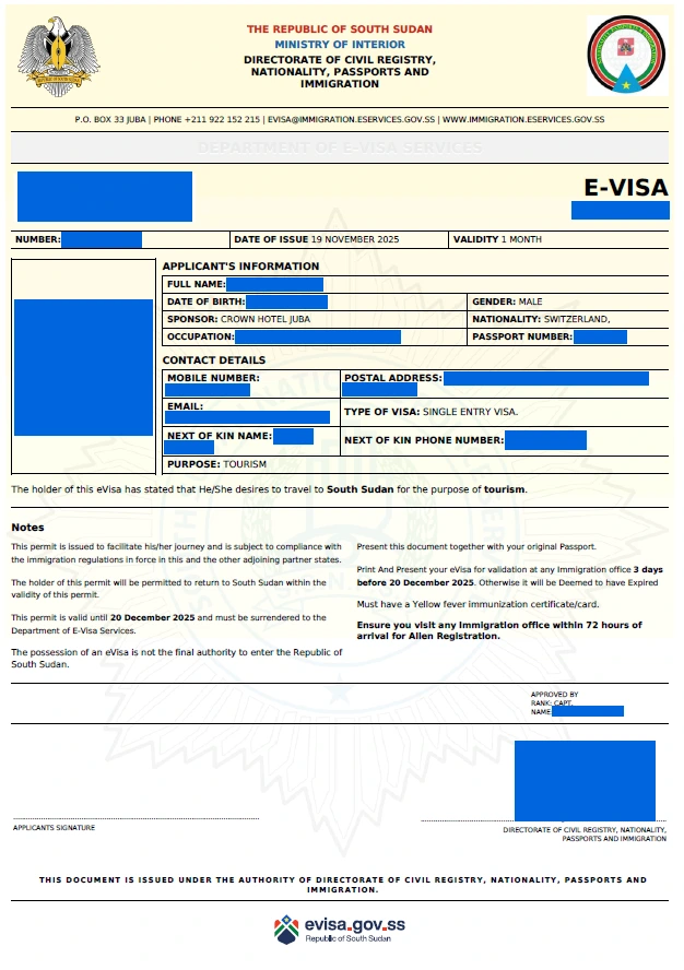 Southsudan eVisa sample